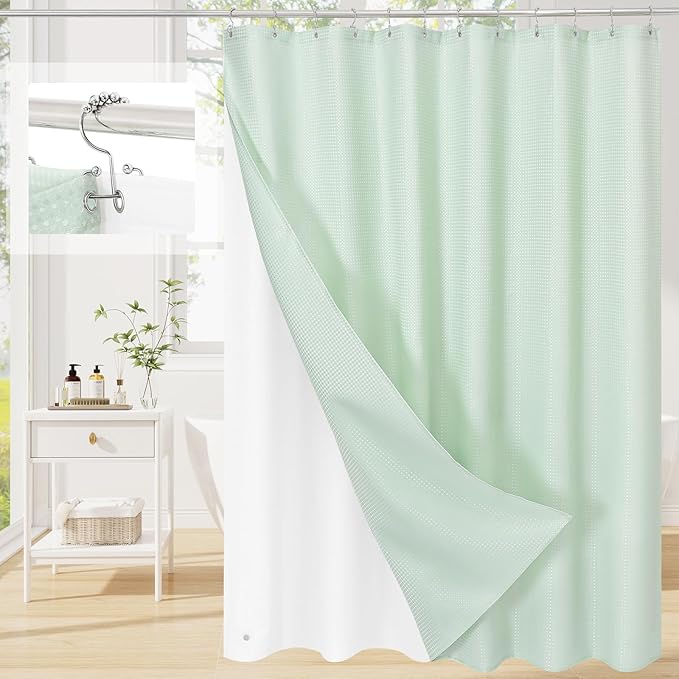 3 in 1 Shower Curtain Set, Mint Green Waffle Shower Curtain and PEVA Liner Set with 12 Stainless Steel Shower Curtain Hooks, Waterproof Shower Curtains for Bathroom, 72 W x 72 H
