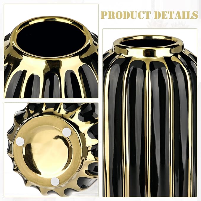 Briful Gold Plated Lantern Ceramic Vase Home Decor Creative Design Porcelain Decorative Flower Vase 11.02'' Black Ceramic Vases for Wedding Anniversary Decoration