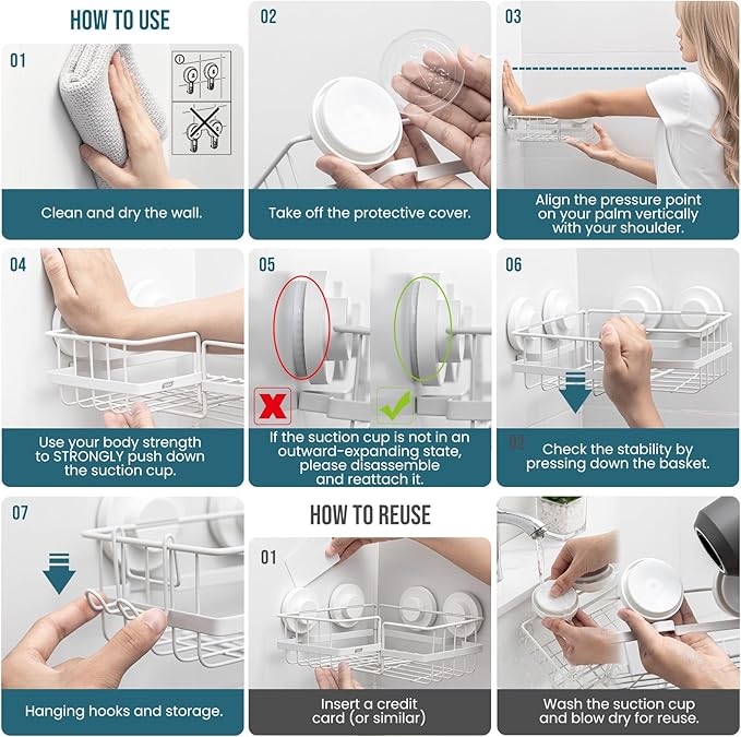 TAILI Corner-adaptive Suction Cup Shower Caddy 2 Pack, Stainless Steel Rustproof Corner Shower Shelves, Drill-Free Wall Mounted Baskets, Large Capacity Removable Suction Cup Bathroom Organizer, White