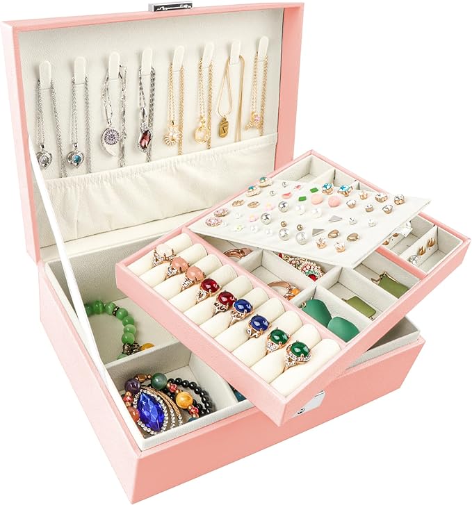 Homeanda Jewelry box 2 layer Jewelry box Leather Jewelry boxes for Women Girls Teens Jewelry organizer box Jewelry Storage box with lock(Pink)