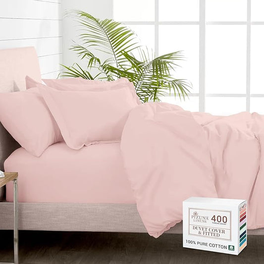 Pizuna 100% Cotton Queen 3 Pc Duvet Cover + 1 Pc Fitted Sheet Set 400 Thread Count Light Pink Sateen Weave Luxurious Long Staple Cotton 4 Piece Bedding Set-1 Duvet Cover,2 Pillow Shams,1 Fitted Sheet