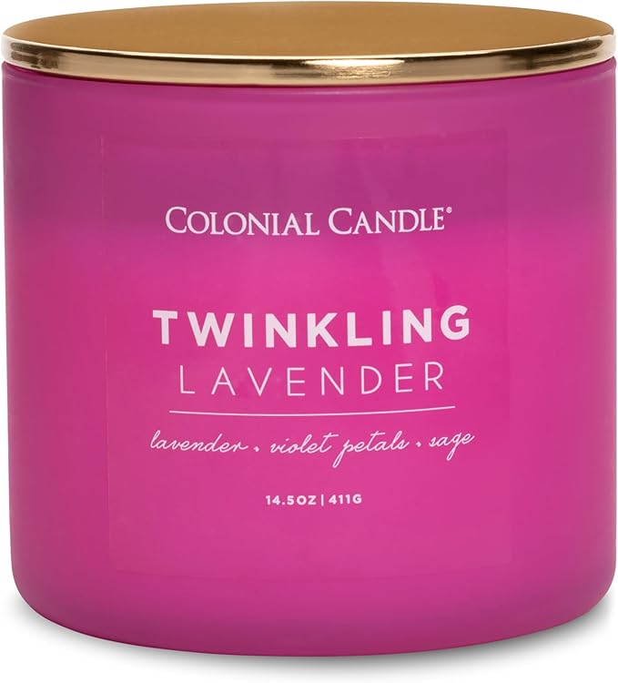 Colonial Candle Pop of Color Twinkling Lavender 14.5 Oz Scented Matt Glass Jar Candle, Three Premium Cotton Wicks