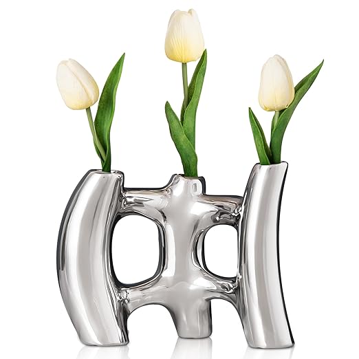 Silver Vases Home Decor, Irregular Ceramic Flower Vase, Wabi Sabi Decor Handmade Vase, Coffee Table Decor for Bedroom, Office, Living Room, Bathroom, Chrome Decorations