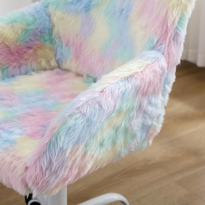 Kids Desk Chair Faux Fur Upholstered Swivel Reading Chair, Cute Adjustable Study Chair with White Wheels for Reading Room Bedroom, Rainbow Color
