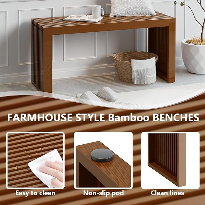 Bamboo Dining Bench Indoor Long Entryway Shoe Rack Bench,Outdoor Modern Wood Benches 35 Inch Bamboo Bench for Living Room Hallway Bedroom Bathroom
