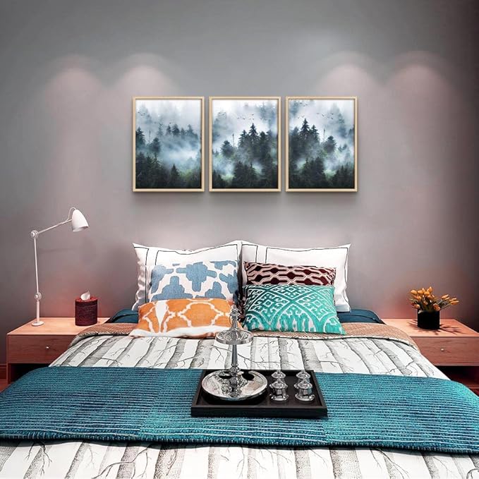 Framed Canvas Wall Art For Living Room Family Wall Decorations For Bedroom Wall Decor Foggy Forest Trees Landscape Paintings Room Pictures Artwork Home Decor Canvas Art Prints(Natural Wood Framed)