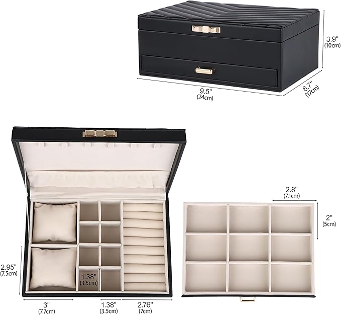 HofferRuffer Jewelry Box with Drawer for Women‌ Girls, Faux Leather Storage Jewelry Organizer Jewelry Case with Two Layers Display for Earrings Rings Necklaces (Black)