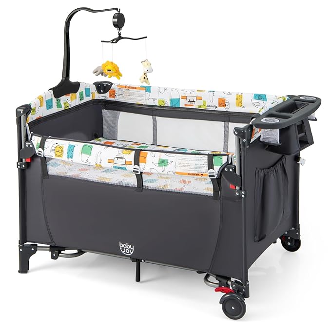 BABY JOY 5-in-1 Pack and Play, Baby Bedside Sleeper with Bassinet, Multifunction Bedside Crib from Newborn to Toddlers, U-Shaped Diaper Changer, Playard, Safety Strap, Music Box & Hanging Toys