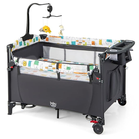 BABY JOY 5-in-1 Pack and Play, Baby Bedside Sleeper with Bassinet, Multifunction Bedside Crib from Newborn to Toddlers, U-Shaped Diaper Changer, Playard, Safety Strap, Music Box & Hanging Toys