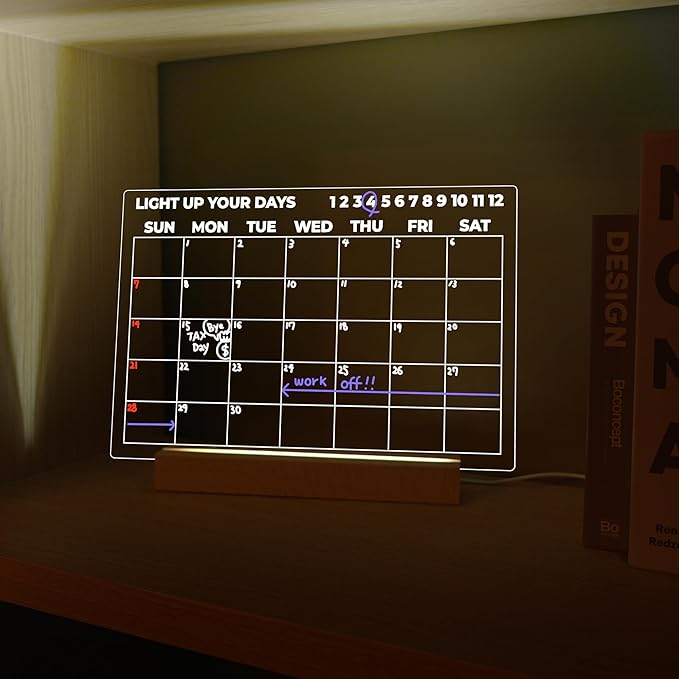 Dry Erase Calendar with Light, 13x9, USB-Powered Light Up Whiteboard, Includes 4 Markers & Eraser, Monthly Planner, Productivity Tracker, Home & Office Calendar