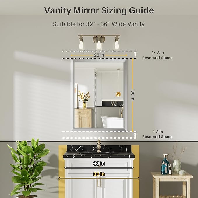 28x36 Inch Silver Bathroom Mirror for Wall, Thick Metal Framed Rectangle Mirrors for Over Sink, Bedroom, Living Room, Entryway, Anti-Rust, HD Tempered Glass