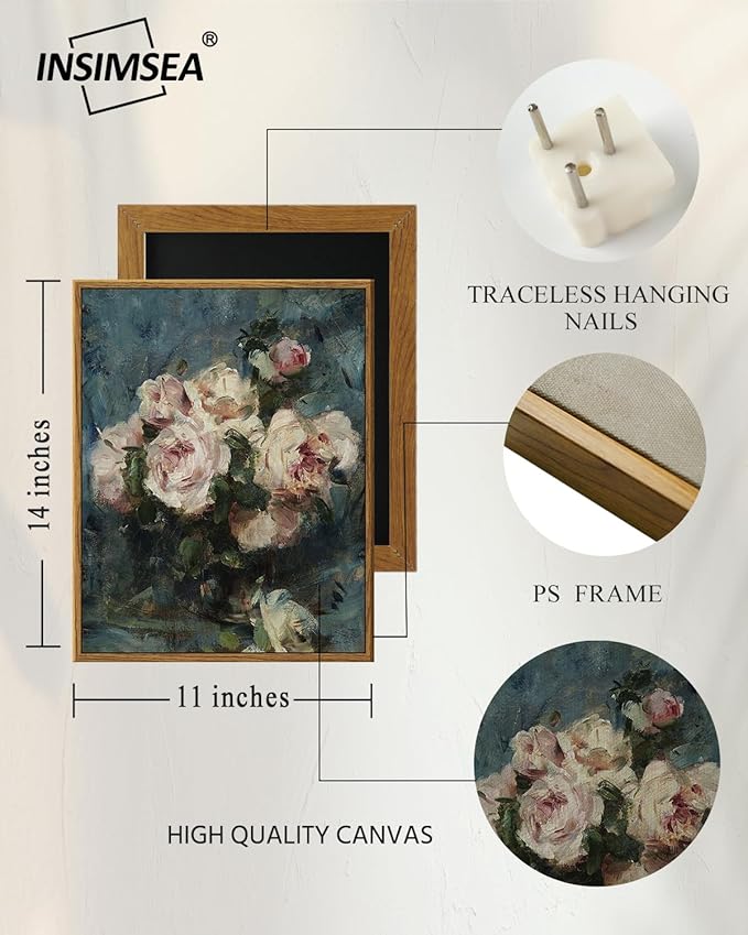 InSimSea Framed Wall Art for Living Room Flower Wall Art Home Decor Roses Vintage Botanical Prints Floral Paintings Canvas Art Wall Decor Floral Canvas Prints for Bedroom Office Decor 11x14in