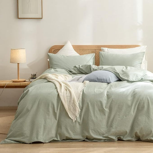 BESTOUCH Duvet Cover Set 100% Washed Cotton Linen Feel Super Soft Comfortable Chic Lightweight 3 PCs Home Bedding Set Solid Sage Green Cal King
