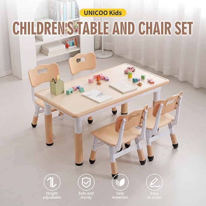 Unicoo Kids Table and Chairs Set, Height Adjustable Multi-Activity Preschool Table with Graffiti Desktop for Ages 2-8 Versatile Kids Tables for Play, Learning, and Creativity(Maple Top/Natural Border)