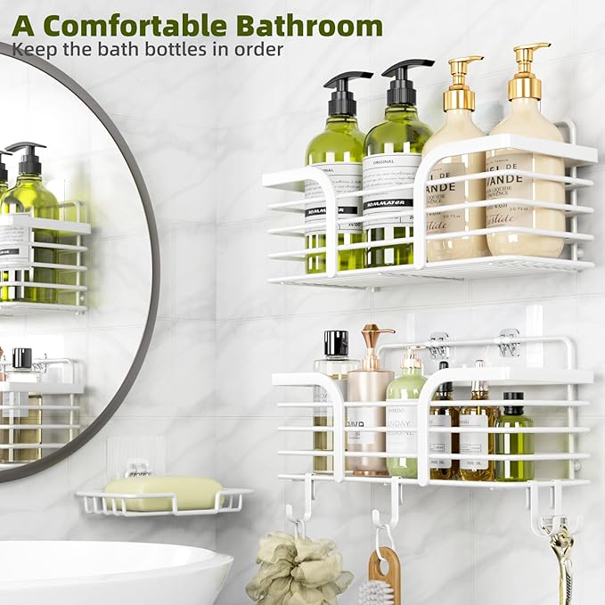 Yougai Bathroom Vanity Tray, Countertop and Vanity Tray and soap holder, 3pack Shower Caddy, No Drilling,Rustproof Adhesive Shower Organizer Shelves for Inside Shower, White Bathroom Tray Soap Tray