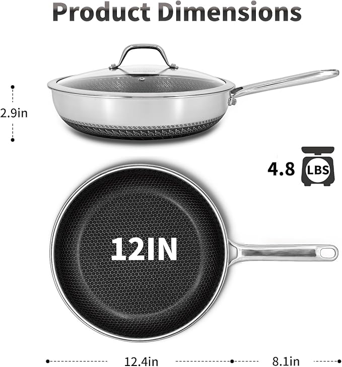 Hybrid Nonstick Frying Pan with Lid 12 Inch,Stainless Steel Honeycomb Pan Compatible with All Cooktops Dishwasher and Oven Safe