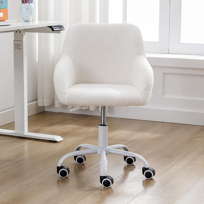 LukeAlon Kids Adjustable Desk Chair, Sherpa Study Chair with Swivel Base Upholstered Cute Reading Chair Comfy with Arms for Girls Children, White