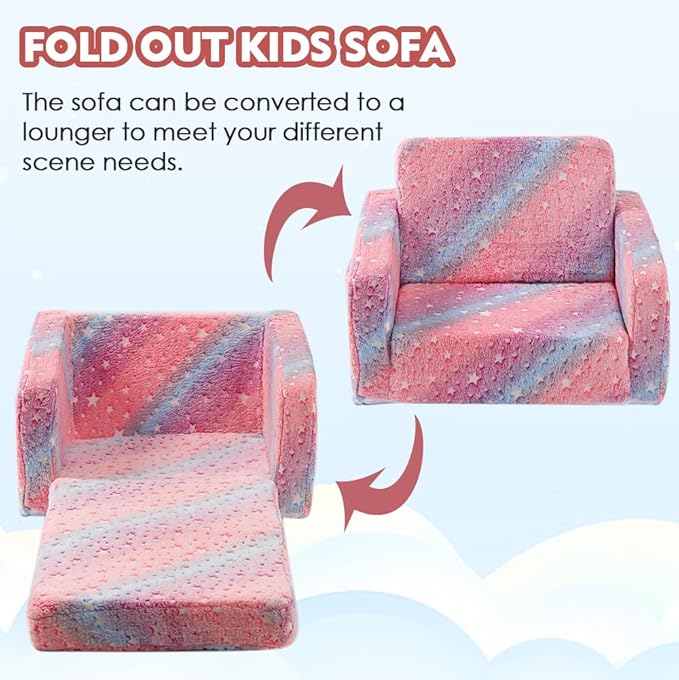 Furnishh Kids Sofa Couch Fold Out, Baby Toddler Comfy Soft Chair for Boys Girls, Flip Out Foldable Children 2 in 1 Convertible Sofa to Lounger, Folding Child Sleeper for Playroom, Pink Star
