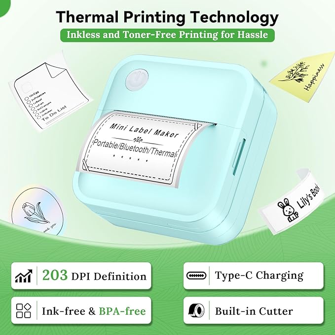 Label Maker Machine with Tape - 14 Sizes Mini Sticker Printer Bluetooth Label Printer for Home Office Organization, Portable Thermal Sticker Maker Print Pod with Multiple Templates for Phone