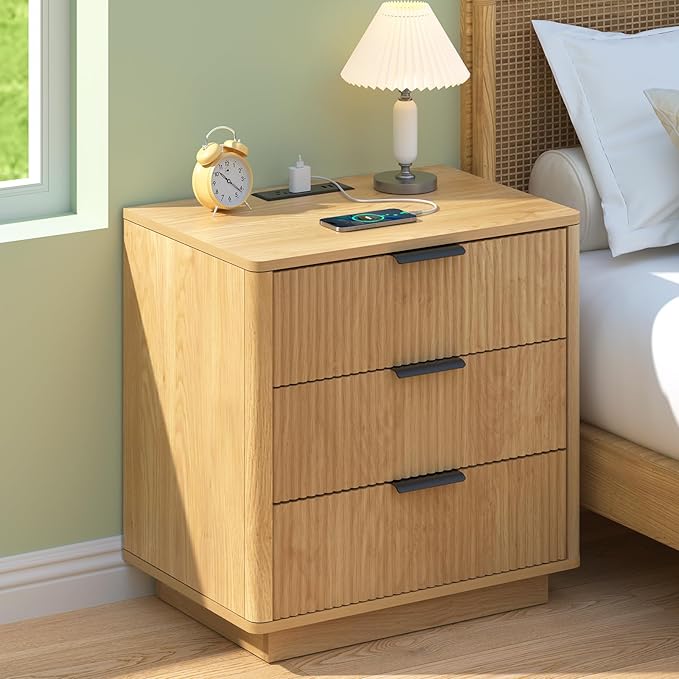 HOMMPA 24'' Fluted Nightstand with Charging Station, Modern Bedside Table with Storage, 3 Drawer End Table with Metal Handle, Wooden Bedside End Table for Bedroom, Living Room, Curved Profile Design