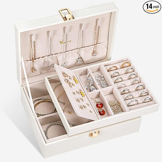 Voova Jewelry Box Organizer for Women Girls, 2 Layer Large Men Jewelry Storage Case, PU Leather Display Jewellery Holder with Removable Tray for Necklace Earrings Rings Bracelets, Vintage Gift, White