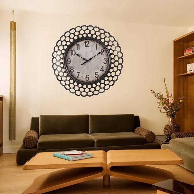 16 Inch Retro Metal Wall Clock, Silent Non-Ticking Battery Operated Round Vintage Clock Decorative for Living Room, Kitchen, Bedroom Decor,Black Arabic Number