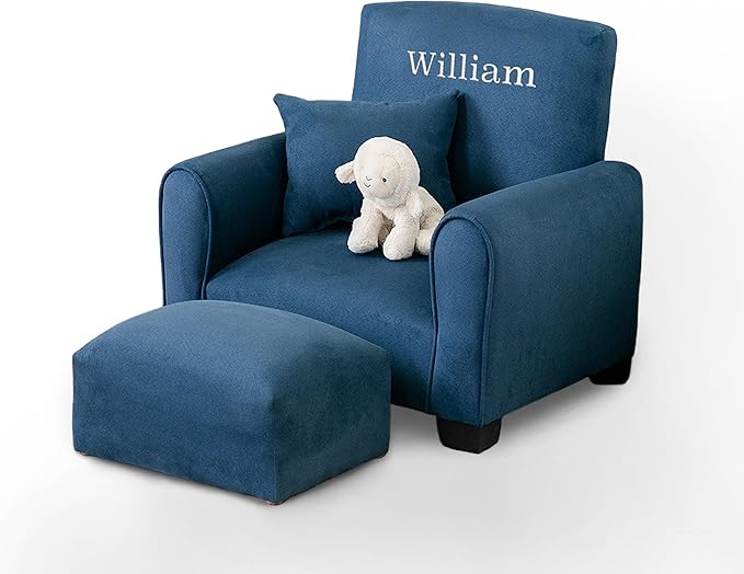 Toddler Personalized Armchair, Kids Upholstered Rocking Chair with Personalization, Toddler Chair with Personalized Name, Comfy Child Armchair, (Navy Suede, Rockers)