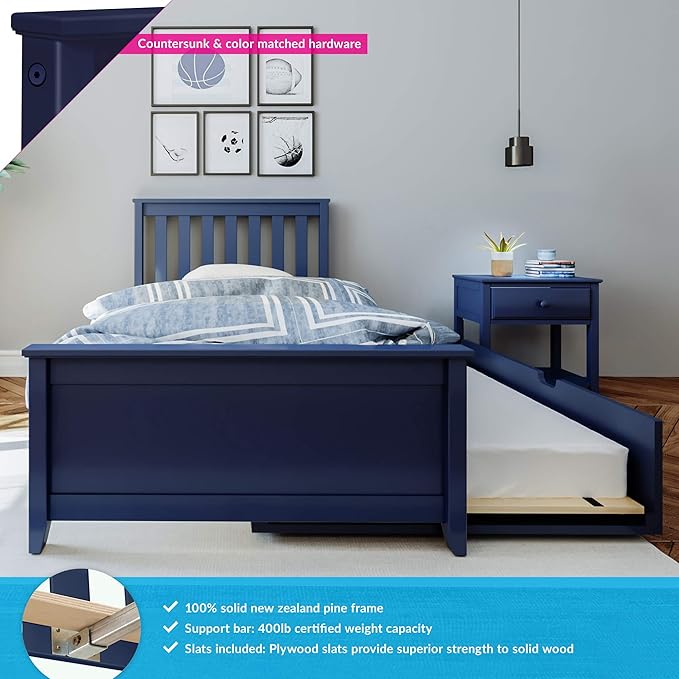 Max & Lily Twin Bed with Trundle and Nightstand, Wood Bed Frame with Headboard for Kids, Blue