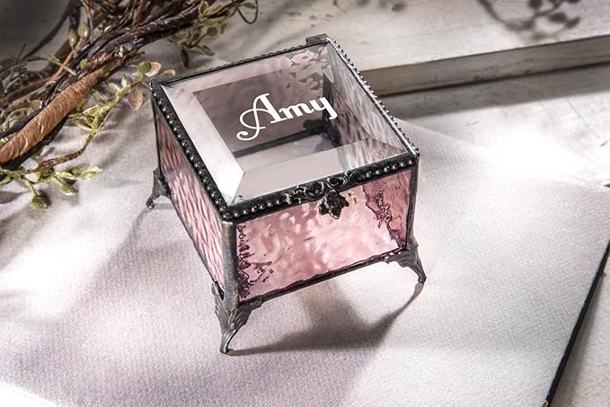 Personalized Engraved Jewelry Box Decorative Vanity Display Stained Glass Keepsake - J Devlin Box 903 EB217-1 (Pink)
