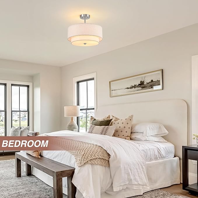 16" Semi Flush Mount Ceiling Light, Brushed Nickel 3 Light Double Drum Fabric Lampshade Lighting Fixtures for Living, Dining Room, Bedroom, Kitchen, Hallway (Canopy for Sloped/Flat Ceiling)