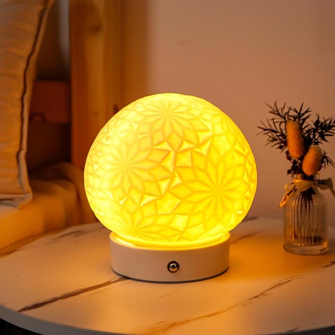 JHY DESIGN Ceramic Spherical Decorative lamp 6.5" H Rechargeable Table Lamp Dimmable Touch Control Desk lamp for Home Bedroom Living Room Outdoors(Snowflake)