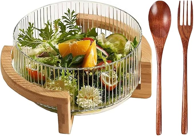 Glass Salad Bowl with Bamboo Base-4QT Party Serving Set with Utensils, Durable Calcium Glass & Rustic Wood Stand for Entertaining, Dishwasher-Safe Fruit Vegetable Mixing Bowl