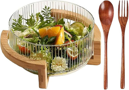 Glass Salad Bowl with Bamboo Base-4QT Party Serving Set with Utensils, Durable Calcium Glass & Rustic Wood Stand for Entertaining, Dishwasher-Safe Fruit Vegetable Mixing Bowl