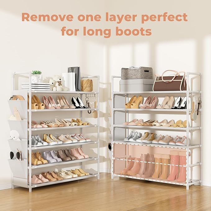 6 Tier Shoe Rack Storage for 24-30 Pairs Shoe and Boot, Shoe Organizer with Hook and Side Pocket Free Standing Long Shoe Shelf Tall Shoe Rack Organizer for Closet, Entryway, Dorm, White