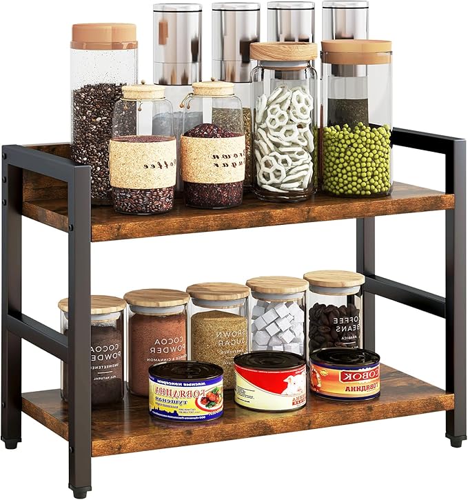 IBUYKE 2-Tier Spice Rack Industrial Counter Shelf Desktop Storage Organizer Standing Seasoning Rack for Countertop Kitchen Office Living Room Desktop Rustic Brown UTLJ002H