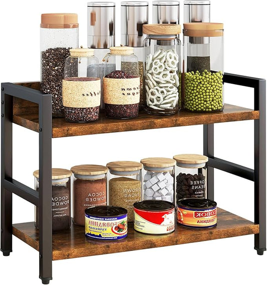 IBUYKE 2-Tier Spice Rack Industrial Counter Shelf Desktop Storage Organizer Standing Seasoning Rack for Countertop Kitchen Office Living Room Desktop Rustic Brown UTLJ002H