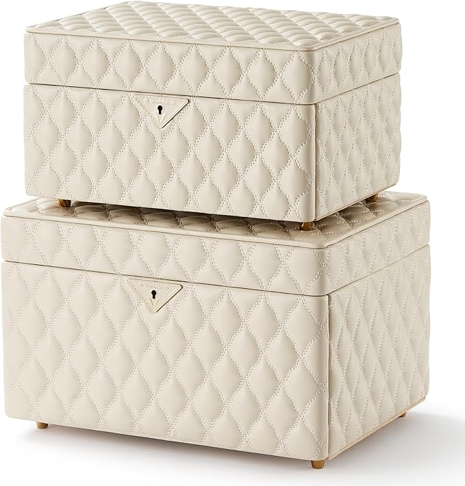 VEE&CO. Jewelry Box,Diamond Quilted Leather jewelry organizer earring holder organizer necklace organizer 2-Layer Jewelry Case with Drawers, with Key Lock,gifts for women (beige, Medium)