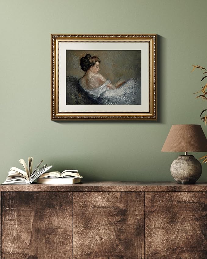 VIYYIEA Gold Framed Wall Art Canvas Print Home Decor Portrait Wall Art Sitting Woman Vintage Decor Room Aesthetic Mid Century Lady Elegant Farmhouse Painting Wall Decor for Bedroom Bathroom 13x16in