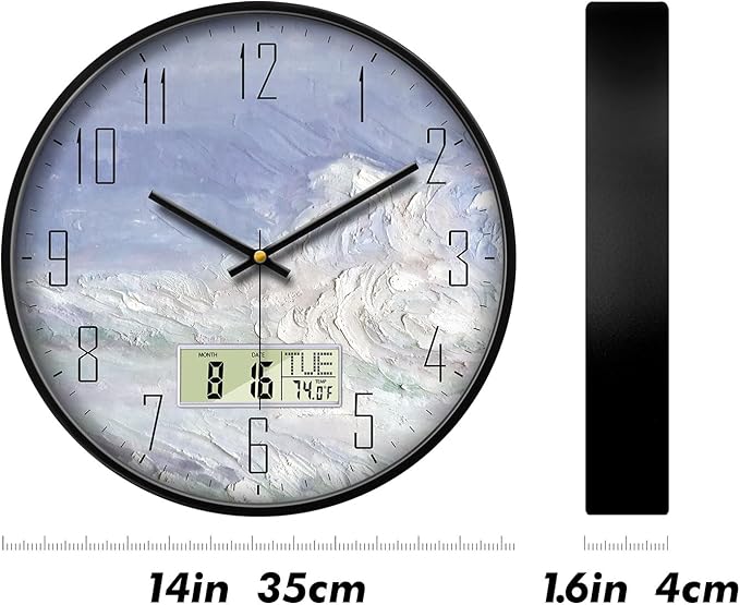 Digital Wall Clock Battery Operated with Day and Date Temperature Blue White Wave Calendar Clock with Large Display Silent for Room Bathroom Bedroom Living Room Farmhouse Decor 14 Inch