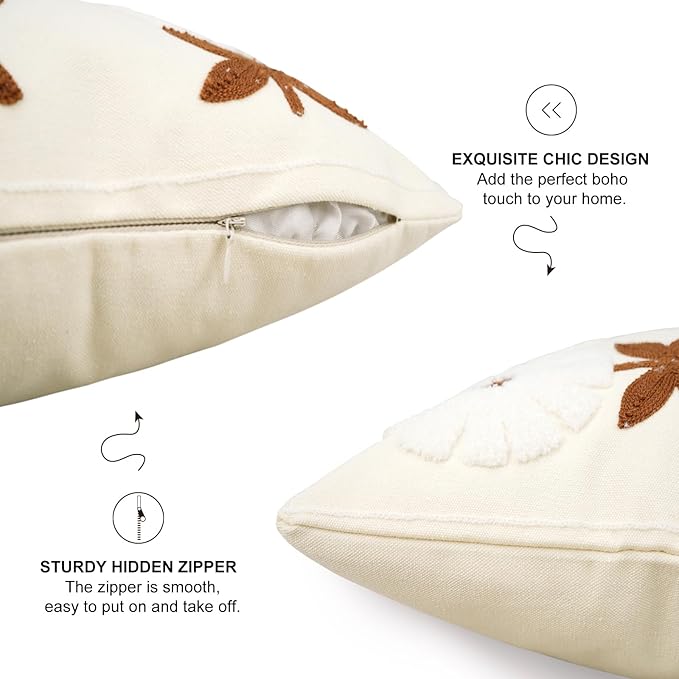 Merrycolor Boho Decorative Throw Pillow Covers 18x18 Embroidered Brown Flower Pillow Covers Textured Square Cushion Case Farmhouse Pillow Covers for Couch Bed,1PC, Beige