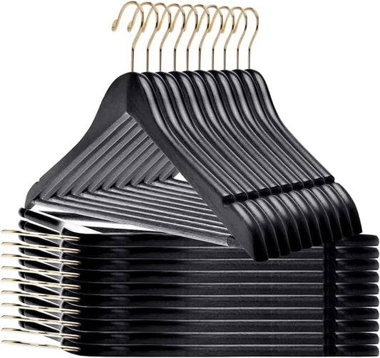 Quality Black Wooden Hangers - Slightly Curved Hanger Set of 80-Pack - Solid Wood Coat Hangers with Stylish Chrome Hooks -Heavy-Duty Clothes, Jacket, Shirt, Pants, Suit Hangers (Black - Gold Hook, 80)