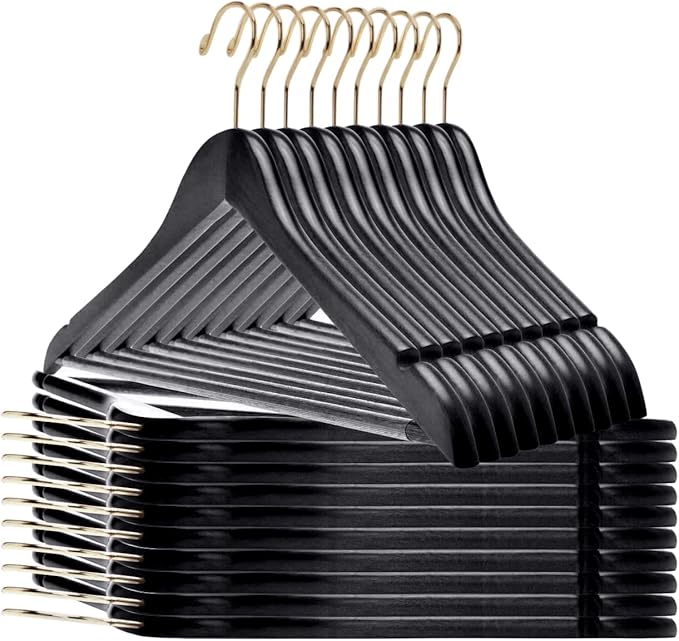 Quality Black Wooden Hangers - Slightly Curved Hanger Set of 30-Pack - Solid Wood Coat Hangers with Stylish Chrome Hooks - Heavy-Duty Clothes, Jacket, Shirt, Pants, Suit Hangers (Black-Gold Hook, 30)