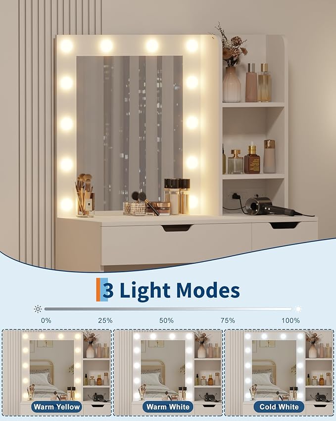 Garvee Vanity Desk with Mirror and Lights - Makeup Vanity Desk with 4 Drawers, Built-in Power Outlet & USB, Adjustable LED Lighting, Makeup Table for Bedroom