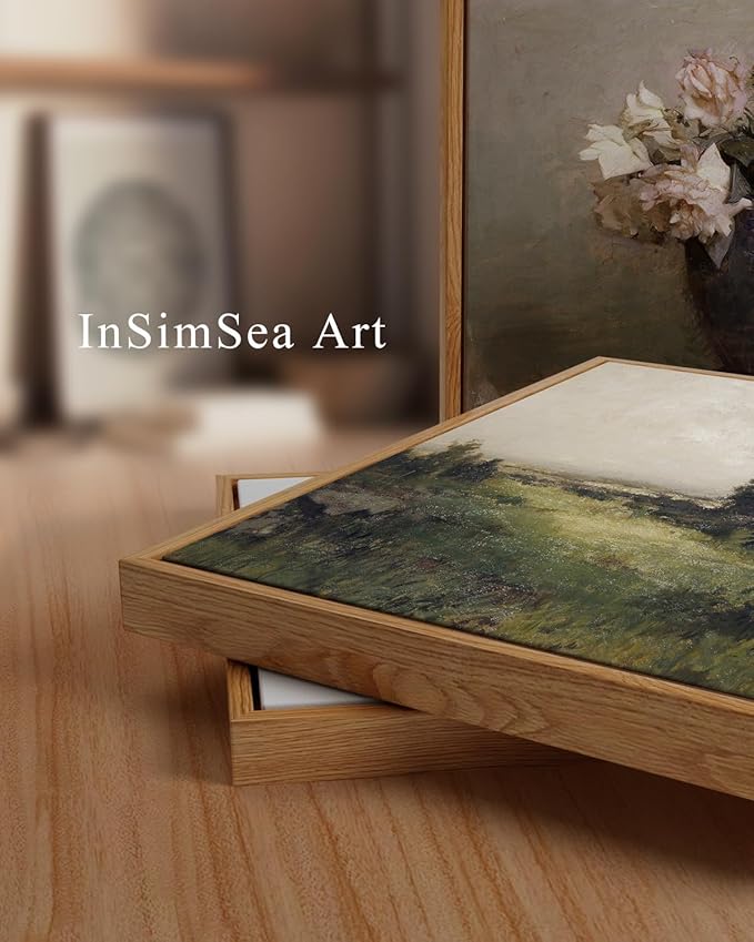 InSimSea Framed Canvas Wall Art Vintage Decor, Framed Vintage Landscape Canvas Wall Art, Wild Field Oil Painting Prints, Cottagecore Bedroom Bathroom Office Decor, 24"x36"