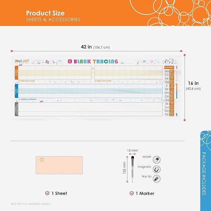 Large Handwriting Practice Dry Erase Board – 42x16” Blank Tracing, Reusable Lined Whiteboard for Kids, Adhesive-Free Clear Writing Board for KG-2nd Grade, Home & Classroom, with Marker