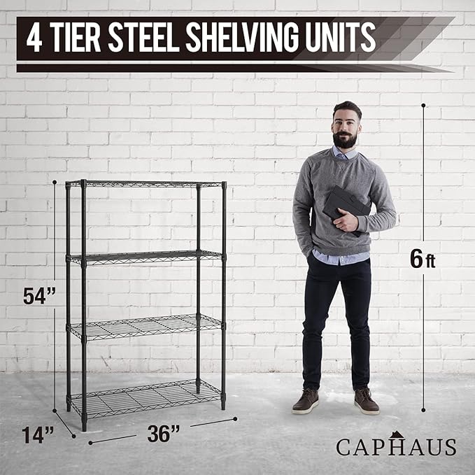 CAPHAUS 4-Tier Adjustable Height Wire Shelving Unit, Wire Rack Shelving, Metal Steel Storage Shelves, Garage Shelving Storage Organizer, Utility Storage Shelf, Without Wheels, Black
