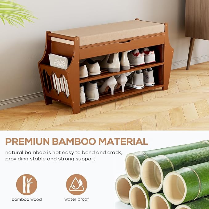 34.3in Shoe Bench, Bamboo 3-Tier Entryway Bench with Storage, Shoe Rack Organizer Holds Up to 330 lb, 34.3 x 11.8 x 18.9 Inches for Entryway Bedroom Closet Living Room Hallway
