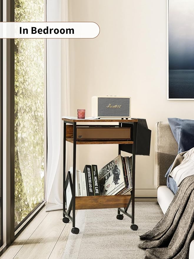 KATHY&BOB 3-Tier Printer Stand Mobile File Cabinet for Home Office with Side Storage Bag, Rolling Filing Cabinet with Open Storage Shelf, Fits A4 or Letter Size, Brown Under Desk Organizer