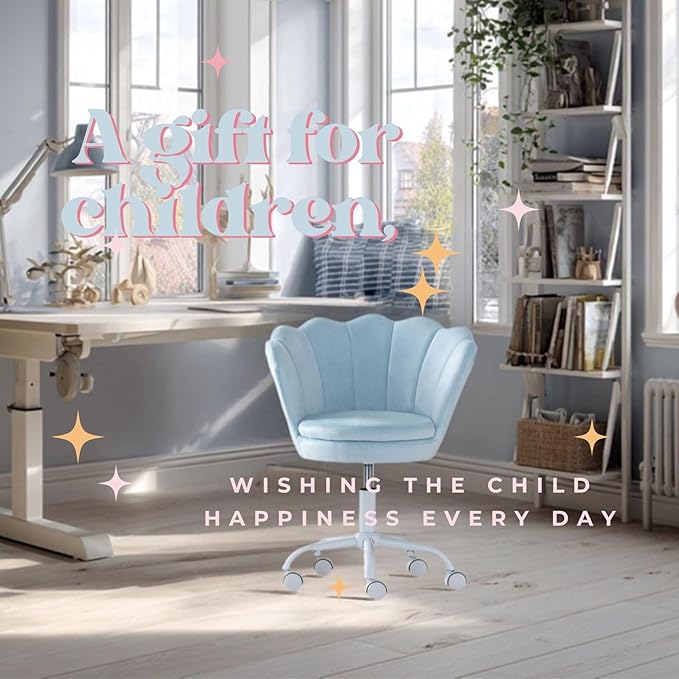 Velvet Desk Chair for Kids 8-12 Teen Room with Wheels, Upholstered Adjustable Children Computer Chair Comfy Rolling Study Armchair 360° Swivel Back and Arms for Teen Girls or Boys Bedroom, Blue