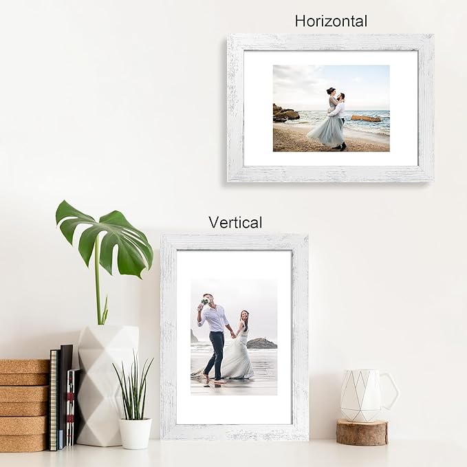 8x12 Picture Frame Set of 4 with High Definition Glass, Distressed White Frame Display 6x8 Picture with Mat or 8 x 12 Without Mat, Wood Rustic Photo Frames for Tabletop and Wall Mounting